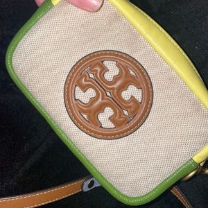 Tory Burch Bombé Mini Bag. Green, yellow, blue, brown, canvas and gold.